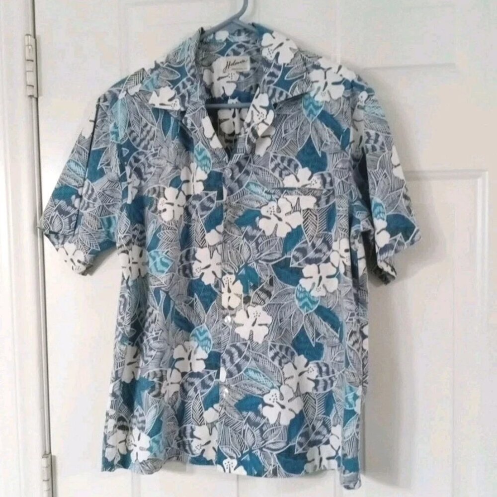 Helena’s Hawaiian Shirt Men’s Medium Blue White Floral Made in Hawaii USA